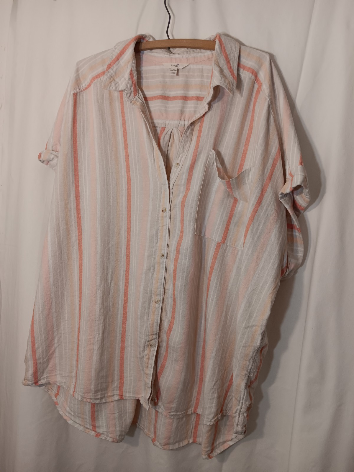 Terra & Sky Women's Pink Striped Linen Button Down Shirt top- Plus Size 2X