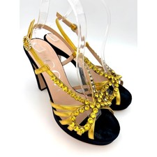 Gucci Zephyra Crystal Slingback Platform Sandals Gold Black Velvet Size 39 / 9