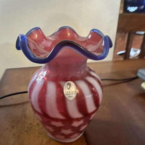 Rare Fenton Handmade In USA Cranberry Blue White Stars and Stripes Small Vase