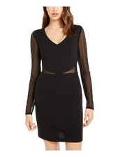 TEEZE ME Womens Sheath Short Dress Mesh Long Sleeve V Neck Evening