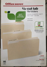 Office Depot Recycled File Folders 1/3-Cut Tab Letter Size Manilla 100-Count Box
