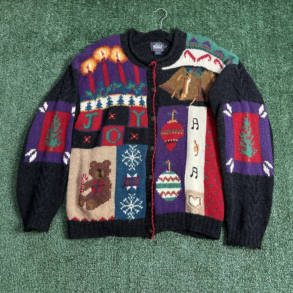 Suéter Woolrich Mujer Grande Gris Multi Navidad Feo Cárdigan Tejido a Mano Oso Foto 2 de 4