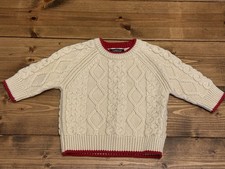 OSHKOSH 3-6 Months Beige Cable Knit Chunky Sweater Red Trim Vintage Cotton Blend