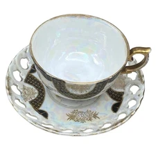 Tea Cup and Saucer Black White Dainty Footed Porcelain Vintage Grannycore