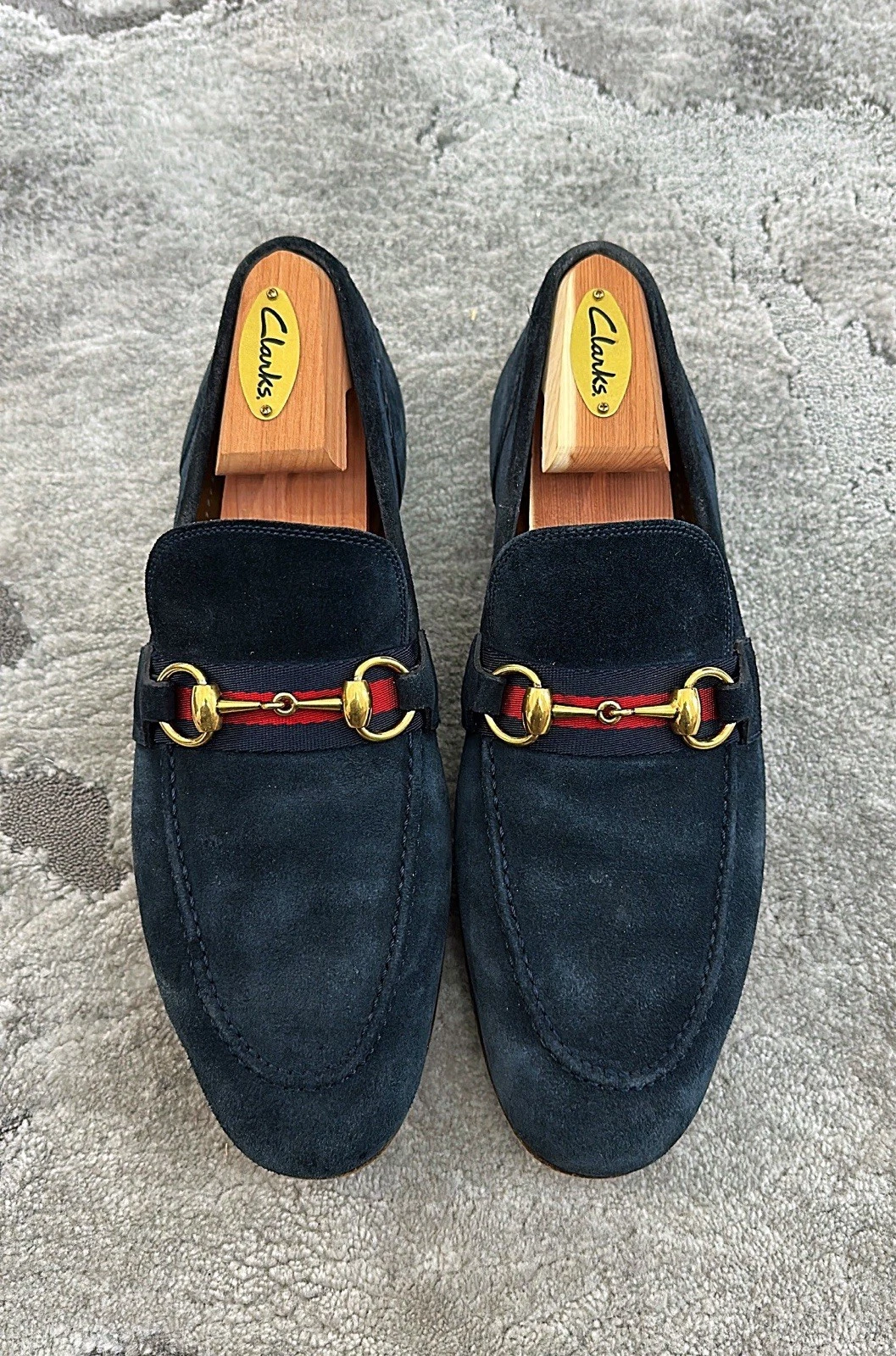 Authentique mocassin homme Gucci Web or Horsebit bleu daim US5,5/6 EU39 UK5
