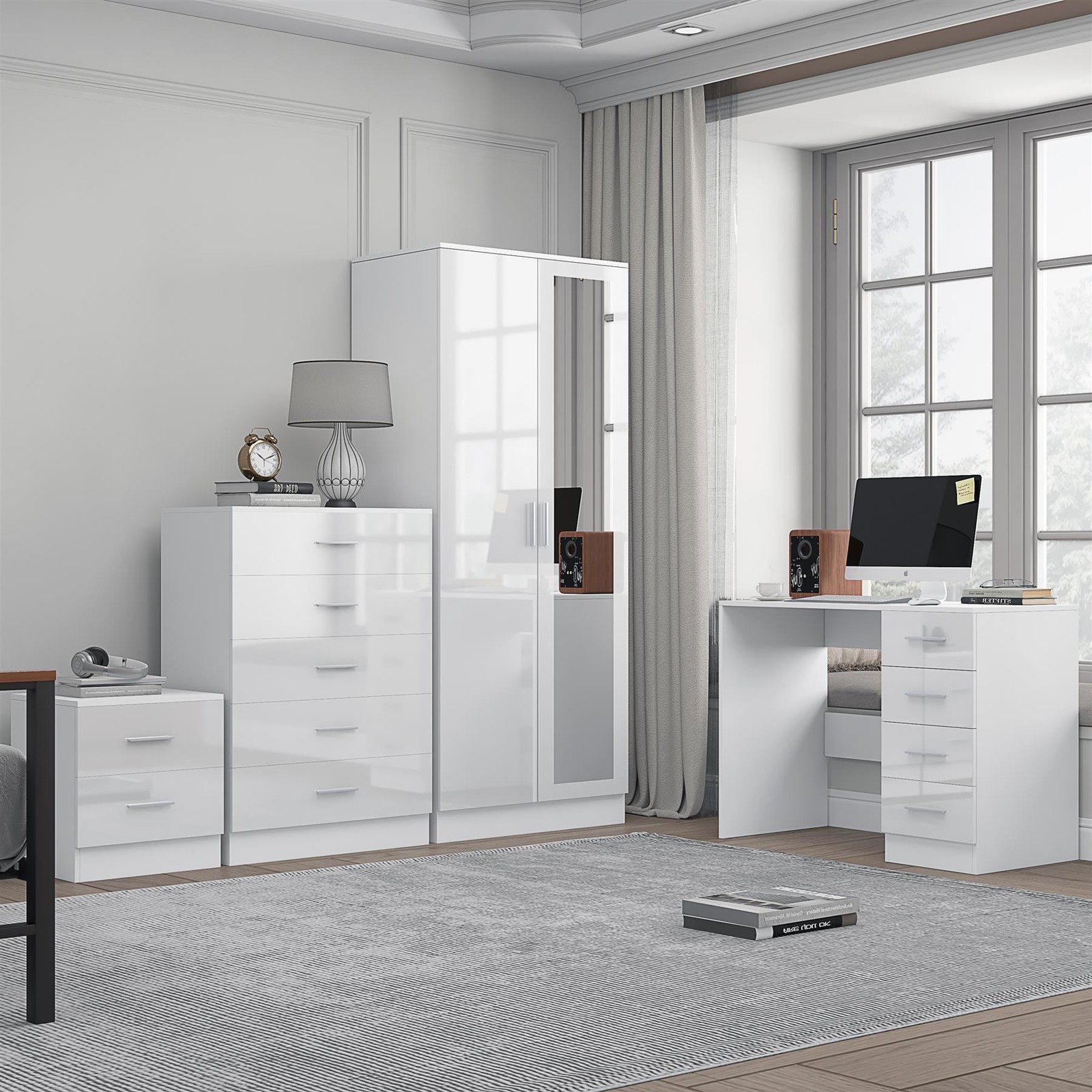 REFLECT 2dr Mirror Wardrobe + 5 Drawer Chest + Bedside + Desk - White/White