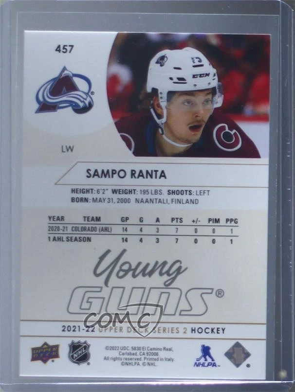 2021-22 Upper Deck Series 2 Young Guns High Gloss /10 Sampo Ranta #457 Rookie RC - Image 2 of 2
