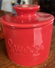 Sweese Red Ceramic Butter Bell Crock Keeper French Butter Dish w/ Lid EUC