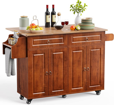 Qsun Kitchen Island with Drop Leaf and Storage, on Wheels Two Drawers, Large Sto