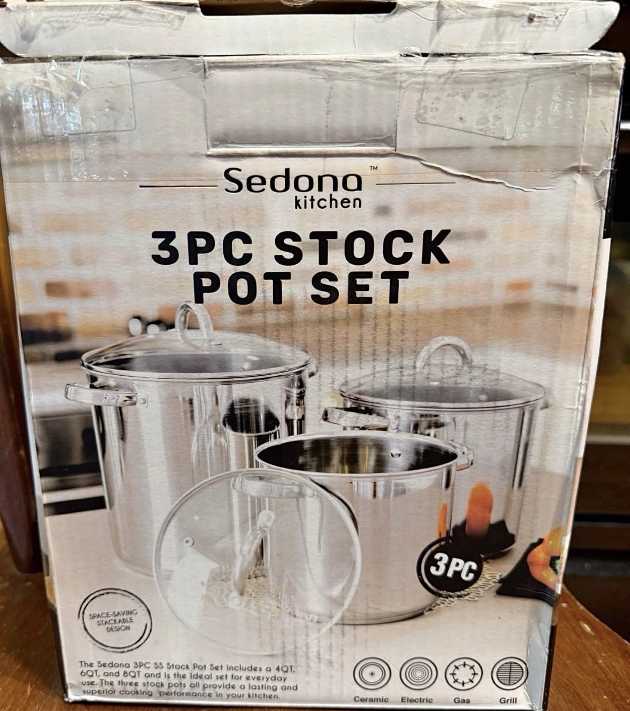 Sedona Kitchen 3PC Stainless Steel Stock Pot Set (4QT, 6QT, 8QT)