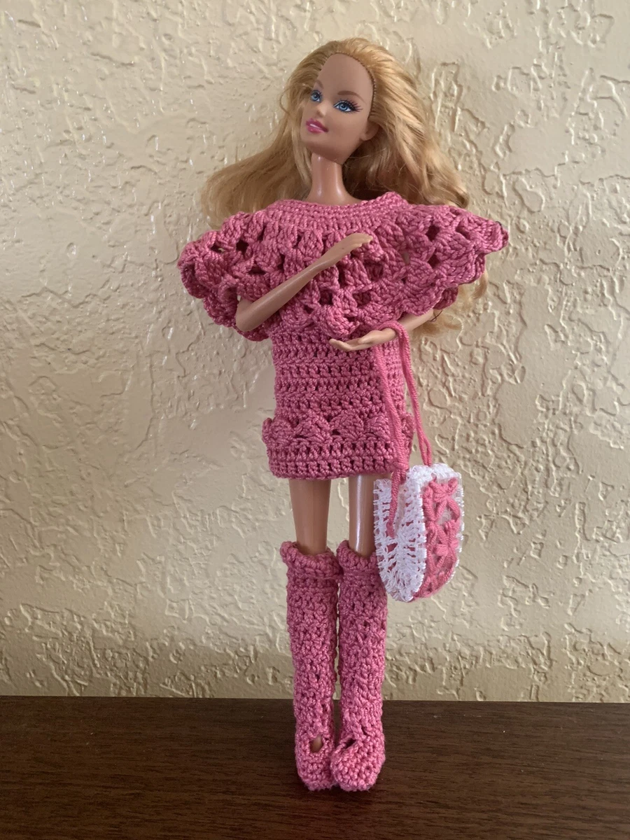 Hand Made Barbie Clothes Crocheted Pink Shift Dress Shawl Boots