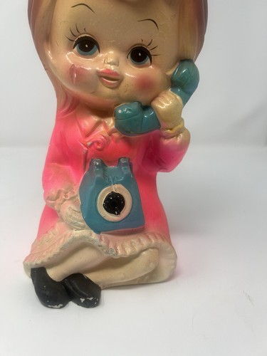 Vintage Big Eyes Girl Pink Dress on Phone Bank Figur Chalkware Japan Kitschy - Bild 12 von 24