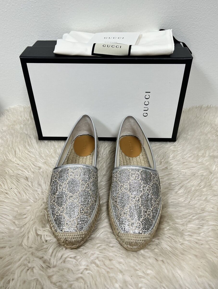 NIB Gucci Espadrilles Heritage Logo Monogram GG Lame Silver NIB Gucci Espadrilles Heritage Logo Monogram GG Lame Silver