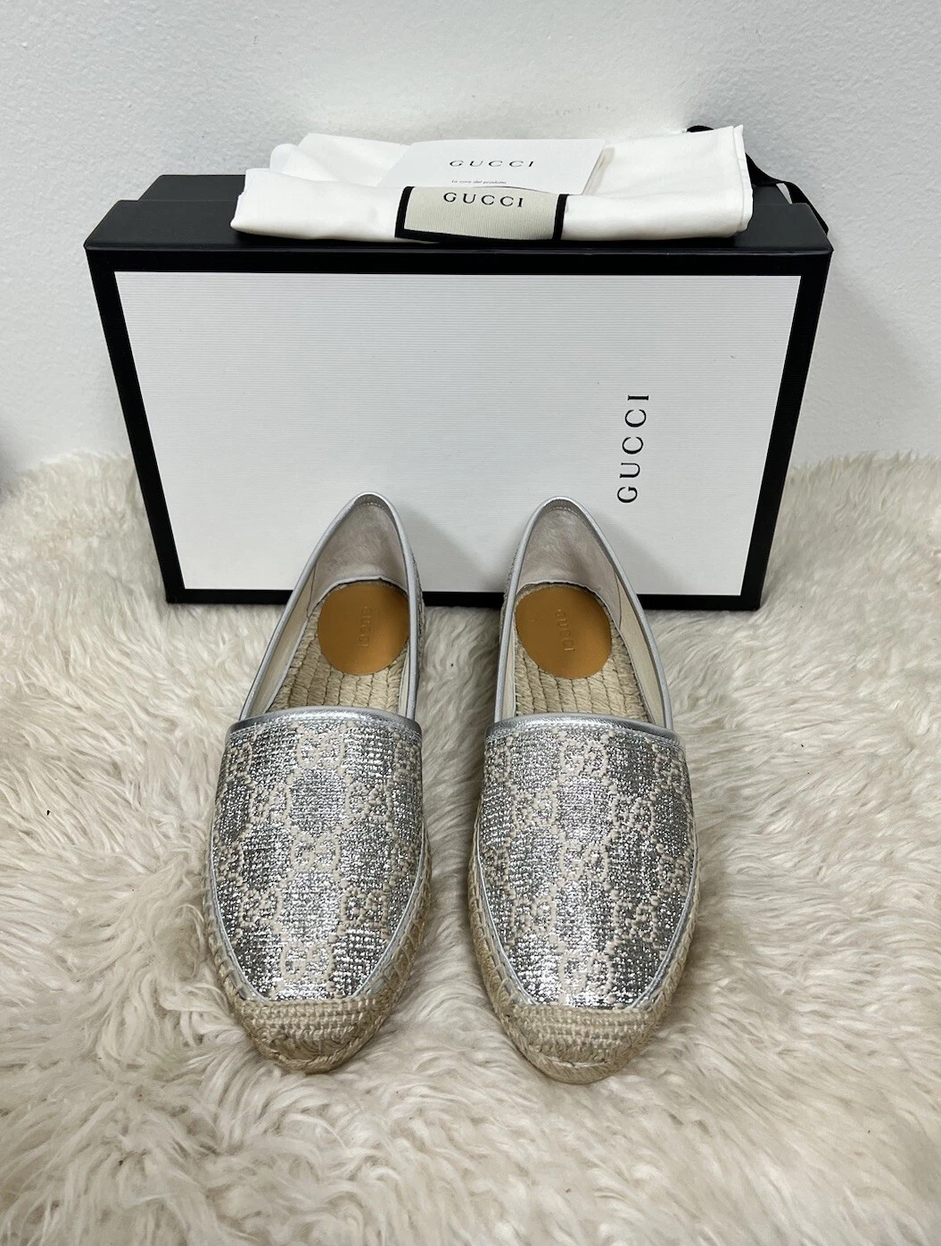 Logo Gucci Espadrilles Heritage monogramme GG argent boiteux plat 38,5 neuf dans sa boîte