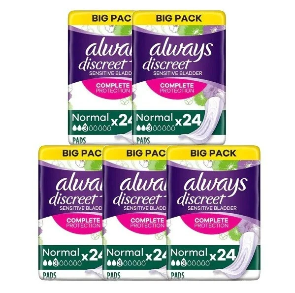 6 x Always Discreet Incontinence Pads Normal 24 (144 pads) for sensitive bladder