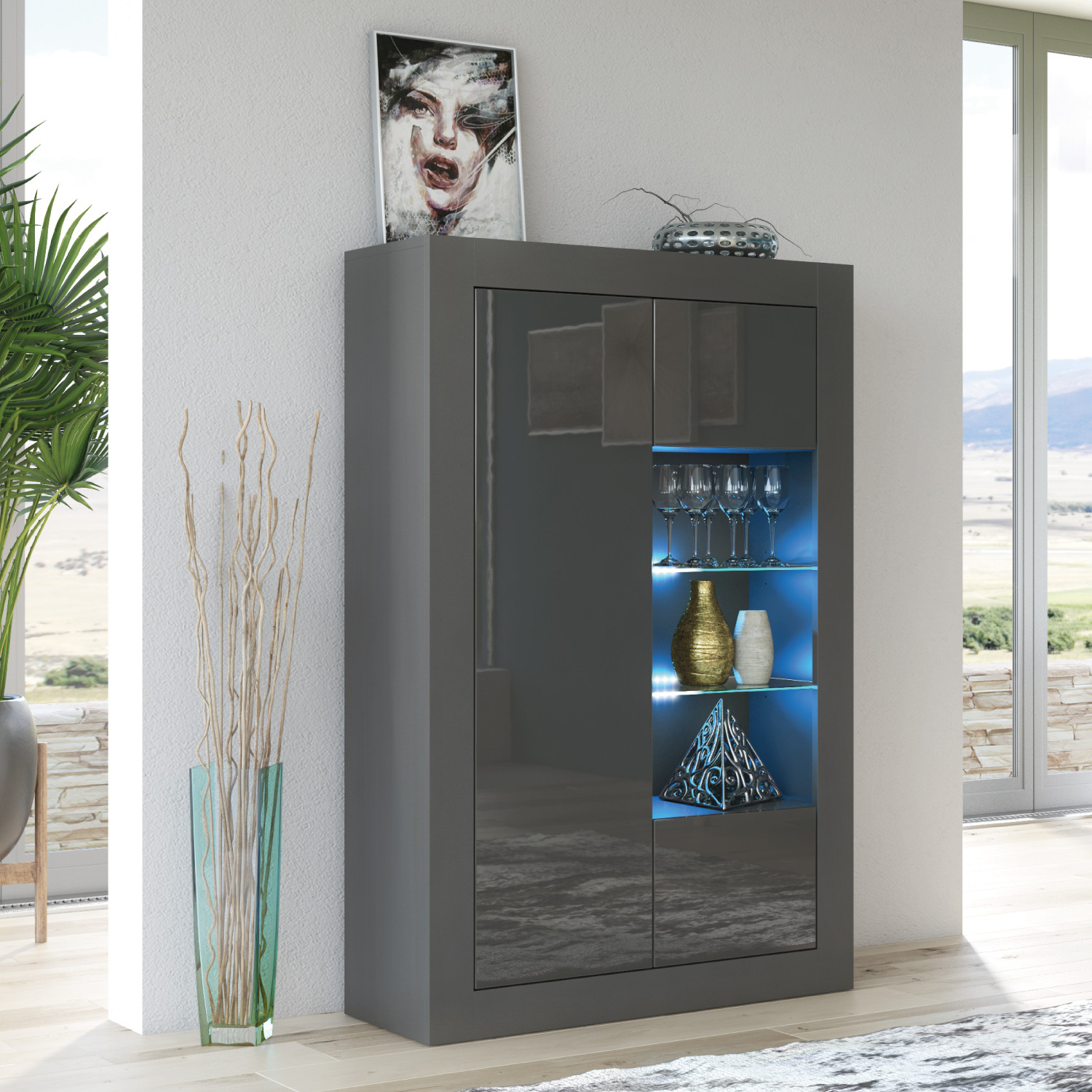 Display Cabinet 140cm | Sideboard | Grey | Grey Gloss Doors | Free LED |⭐⭐⭐⭐⭐