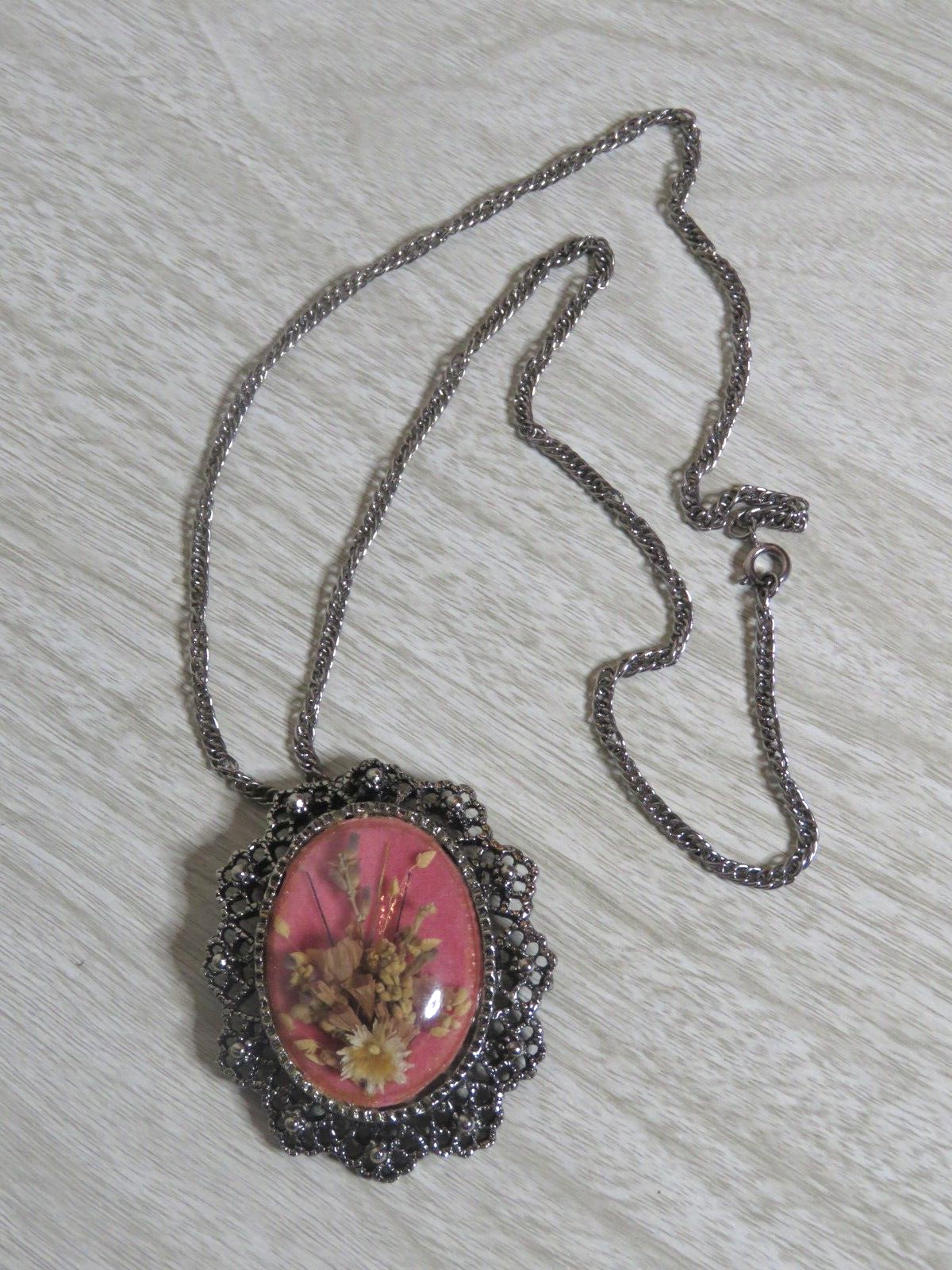 Victorian Pink Velvet Cameo Brooch Necklace with Dried Flowers-image