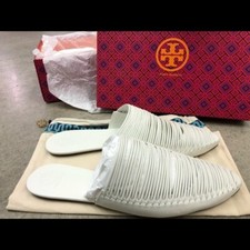 298 Tory Burch Sienna Woven Leather Pointed Toe Mules Sandal Flats White New