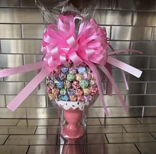 Candy Bouquet Ceramic Ice Cream Gift Basket With Dum Dum Lollipops & Pink Bow