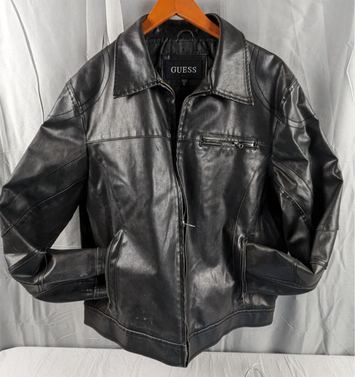 Vtg Men's Guess Black Leather Bomber Cafe Biker Jacket Coat Vtg Men's Guess Black Leather Bomber Cafe Biker Jacket Coat