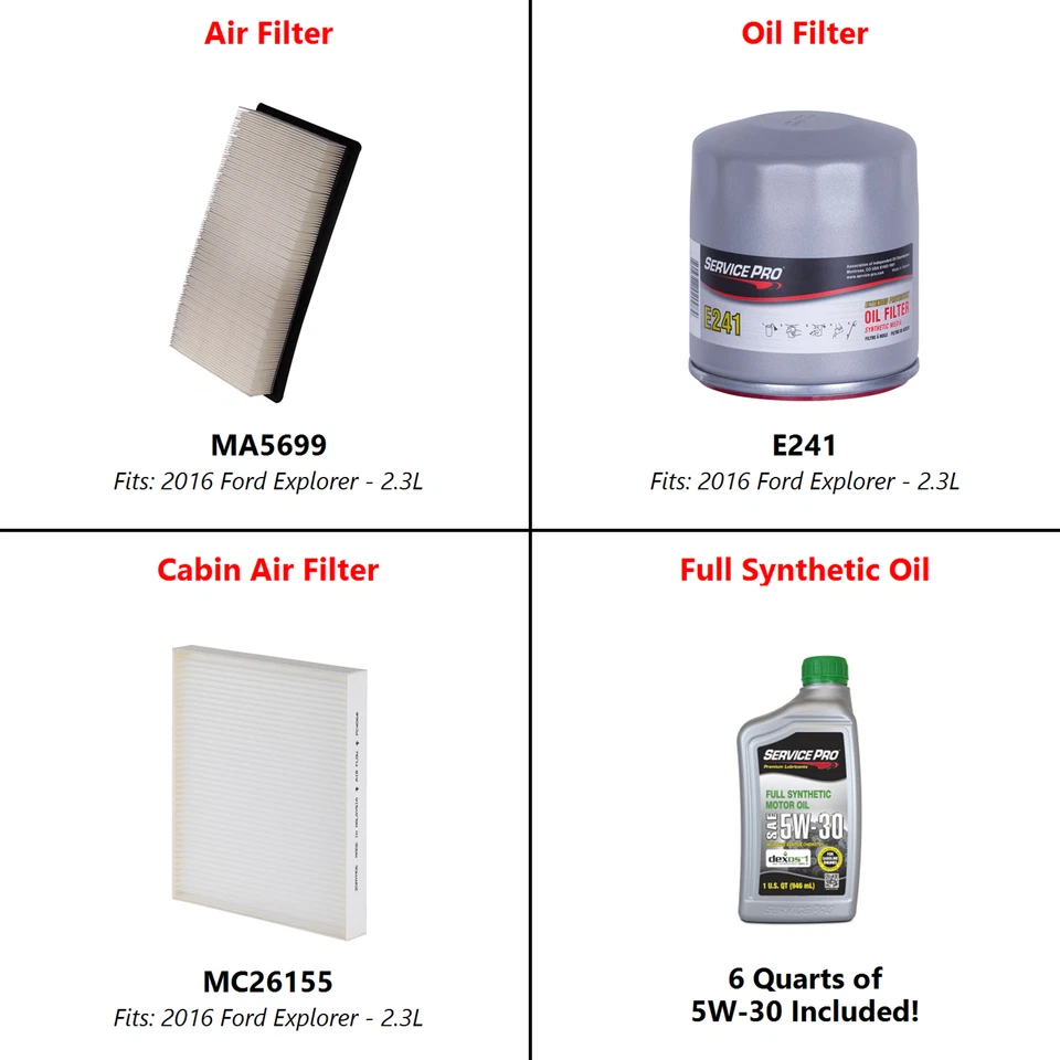 2016 Ford Explorer 2.3L Complete Oil, Air & Cabin Filter Kit (5W-30) Foto 2 de 4