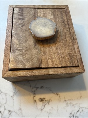 Vintage Handmade Hard Wood Trinket/Jewelry Box Hinged Lid With Stone Knob EUC