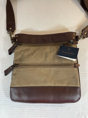 NEW BROOKS BROTHERS 1818 Brown Leather w. Canvas Double Gussets Crossbody Bag