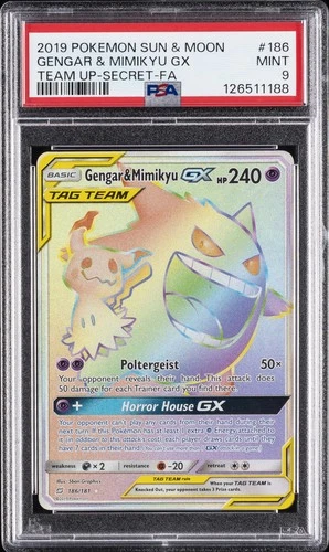 2019 POKEMON SUN & MOON TEAM UP SECRET #186 FULL ART/GENGAR & MIMIKYU GX PSA 9