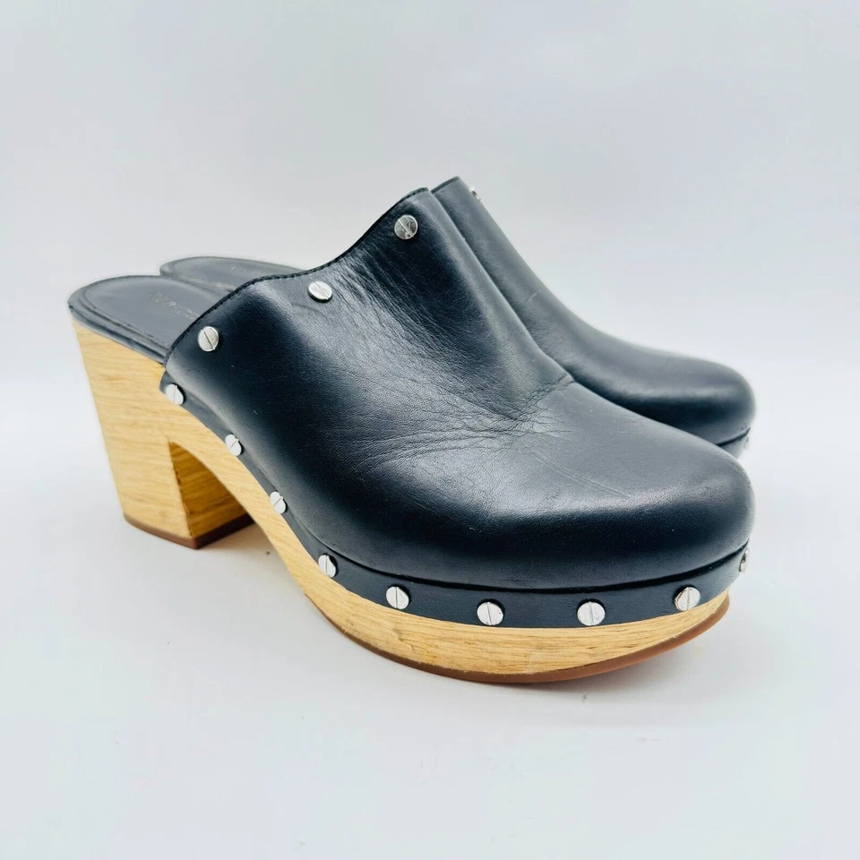 Rebecca Minkoff Shoes Womens 8.5 Black Leather Mules Studded Block Stacked Heel - Image 2 of 4