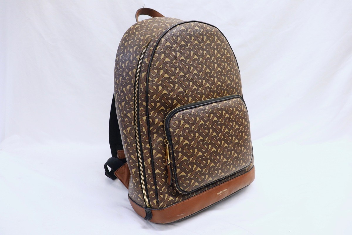 BURBERRY TB Monogram Rocco Backpack Brown Leather Trim Large Bag