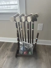 Vintage Lawn Play South Bend Wooden Croquet Set 4 Player w/ Stand