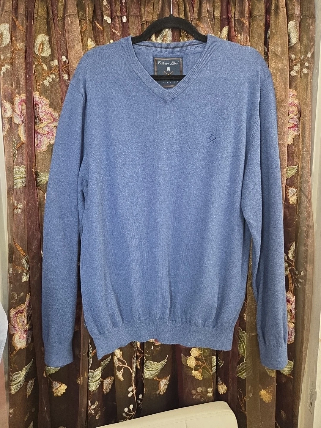 John Peter London Cashmere Blemd Blue V Neck Sweater Large