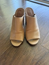 Tory Burch Raya Women's Size 7 US Cognac Leather Wooden Heels Mules