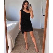 Boston Proper One Shoulder Dress S Black Ruched Side Drape Cocktail Party Chic