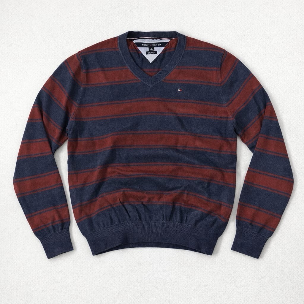 Tommy Hilfiger Maglione Uomo M cotone Pima a righe scollo V blu/bordeaux logo
