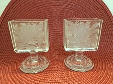 2 Pc Vintage Clear Etched Glass Pedestal Rectangular Cigarette Holder 3.75"
