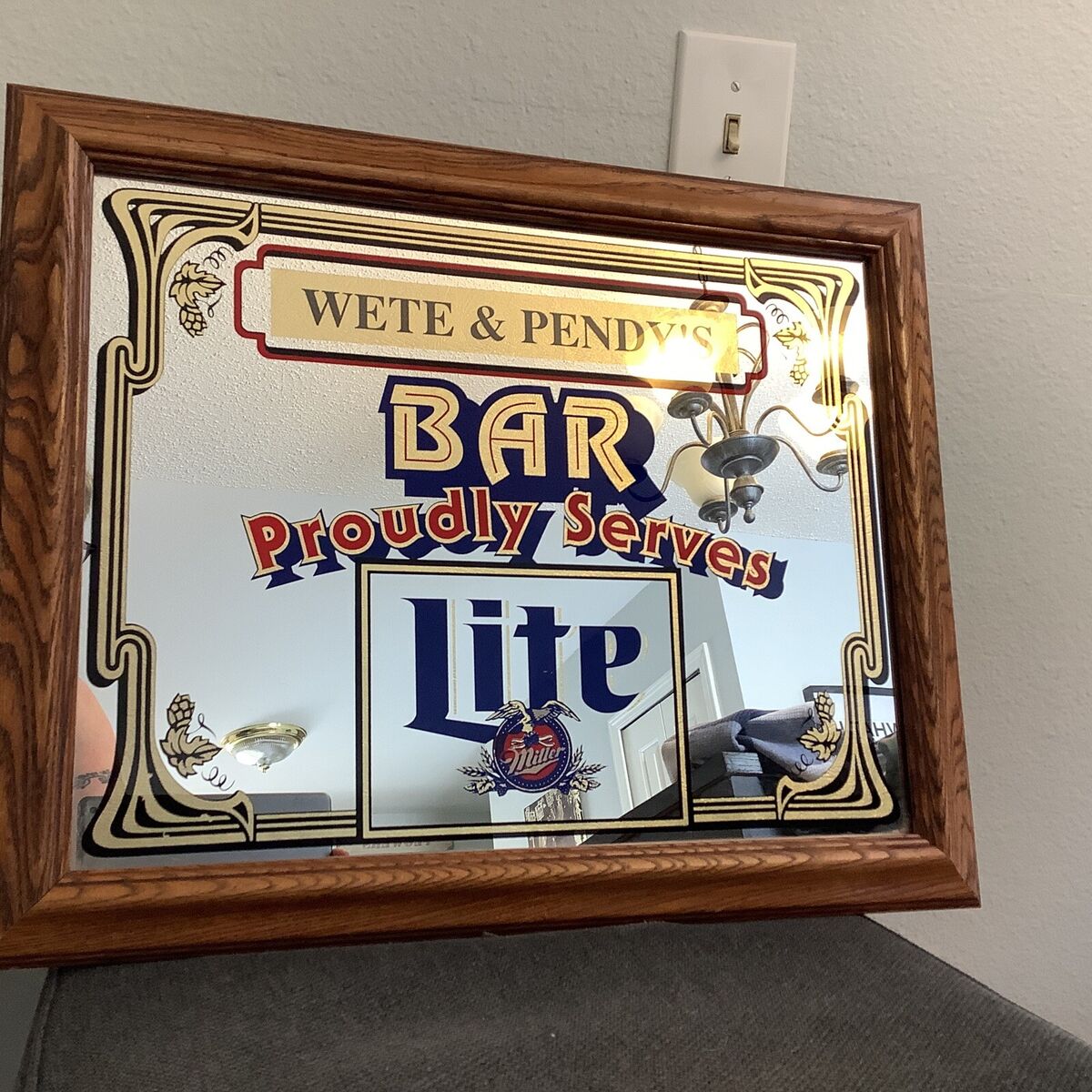 WETE & PENDY'S Miller Lite Beer Bar Mirror Wood Frame Sign WETE & PENDY'S Miller Lite Beer Bar Mirror Wood Frame Sign