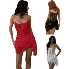 Womens Lace-Up Backless Sleeveless Off Shoulder Floral Lace Bodycon Mini Dress