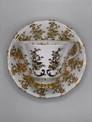 Queen Anne Vintage Tea Cup and Saucer #167 Golden Leaf Green Cherry Blossom 