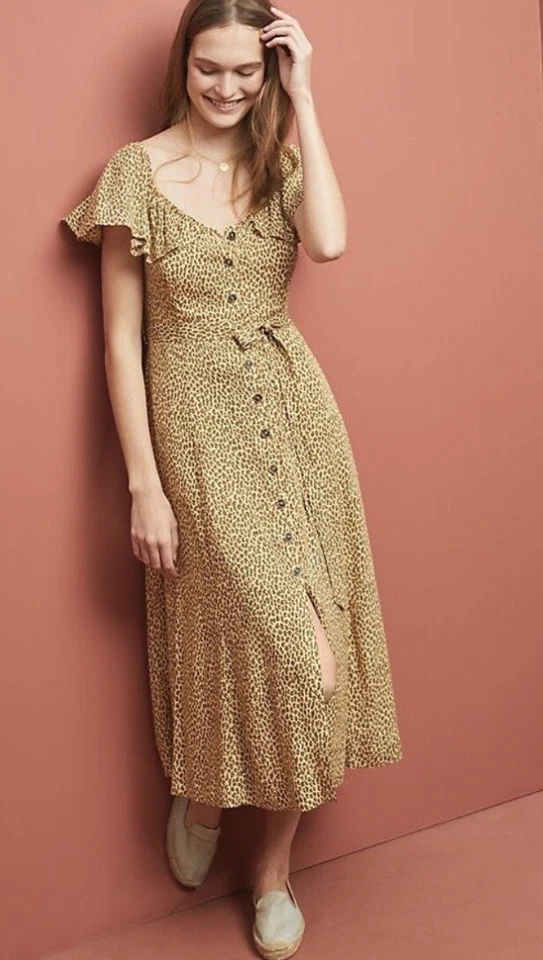 ANTHROPOLOGIE КРЕМОВЫЙ БОЛАНО MIDI ОБОРКИ ГЕПАРД ПЛАТЬЕ РАЗМЕР 2