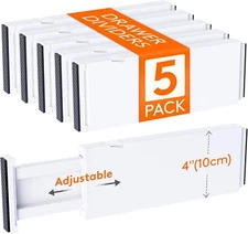 5 Pack Drawer Dividers Plastic 4" High, 11-17" Adjustable Drawer Organizers for