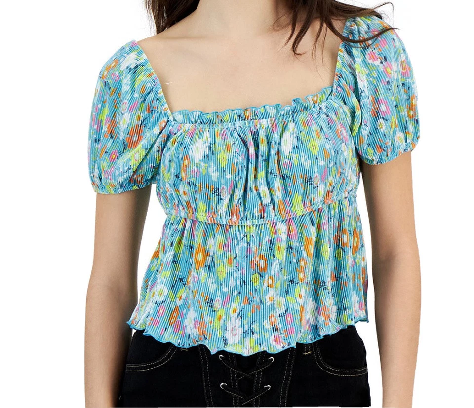 Women’s love fire Puff-Sleeve Square- Neck  XL Floral multicolor Blouse Y2k - Image 2 of 4
