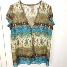 Notations Top Womens Large Retro Grunge 90s Earthy Colors V Neck Delicate Trim