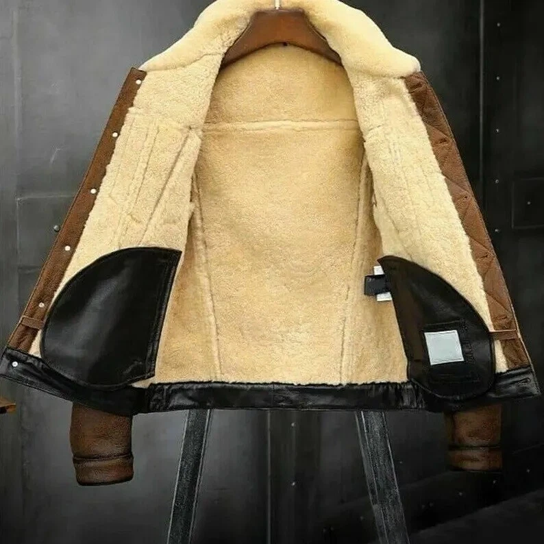 Hombres Aviador Marrón RAF B3 Piloto Volador Bombardero Piel de Oveja Chaqueta de Cuero Real Foto 4 de 4