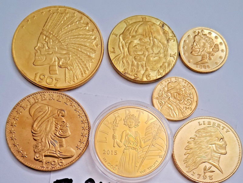 7 SKELITON GARGOYLE GRIM REAPER TOKENS Gold Plated Metal Token Coins 