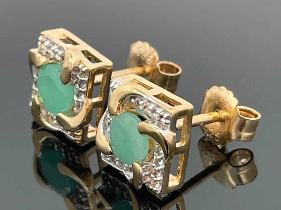 OHRSTECKER AUS 925/- SILBER GELBVERGOLDET MIT SMARAGD & ZIRKON SCHMUCKJAGD - Bild 2 von 3