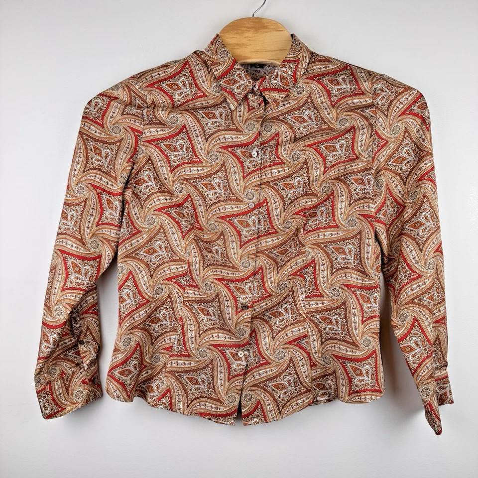 Camisa Talbots Feminina 16 Laranja Vermelha Marrom Seda Paisley Manga Longa Botões Nova - Imagem 2 de 4