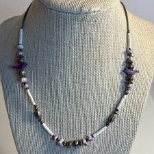 Beautiful Shell Liquid Silver Purple Bird Southwest Necklace 16” 