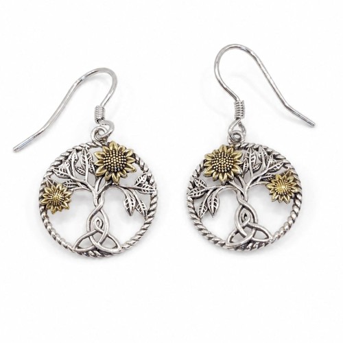 Sterling Silver 925 Sunflower Tree of Life Celtic Knot Dangle Earrings