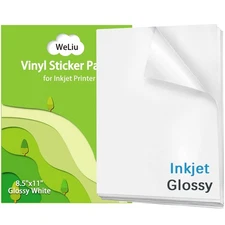 Printable Vinyl Sticker Paper for Inkjet Printer - Glossy White - 21 Waterpro...